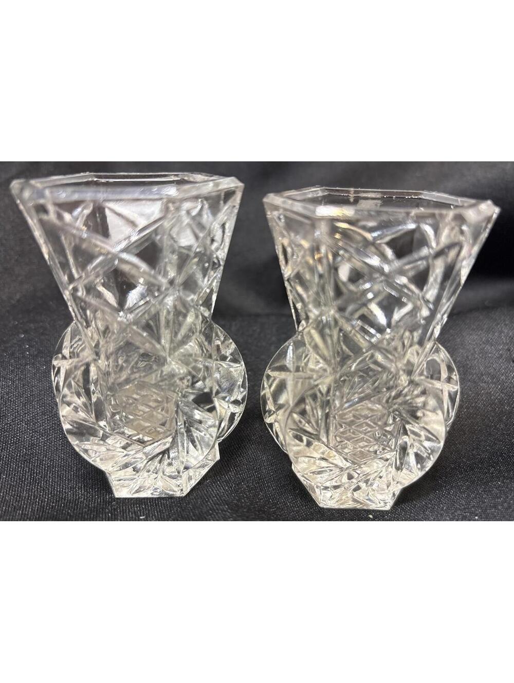 Pair 2 Antique Lead Crystal Pineapple Flair Bud Vase Toothpick Holder 3”